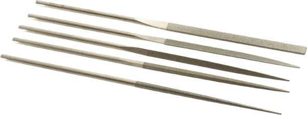PFERD - 5 Piece Diamond Pattern File Set - 5-1/2" Long, Fine Coarseness, Set Includes Half Round, Hand, Round, Square, Three Square - Apex Tool & Supply