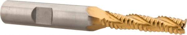 Hertel - 1/4" Diam, Coarse Pitch, 5/16" LOC, 3 Flute Cobalt Roughing Square End Mill - TiN Finish, 1/8" OAL, 3/8" Shank Diam, Single End, Centercutting, 30° Helix - Apex Tool & Supply
