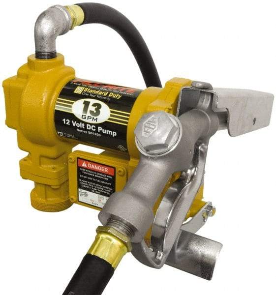 Tuthill - 13 GPM, 3/4" Hose Diam, DC Tank Pump with Manual Nozzle - 1" Inlet, 3/4" Outlet, 12 Volts, 10' Hose Length, 1/4 hp - Apex Tool & Supply