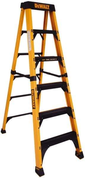 DeWALT - 5 Steps, 6' High, Type IAA Rating, Fiberglass Step Ladder - 375 Lb Capacity, 24-1/16" Base Width - Apex Tool & Supply