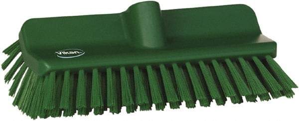 Vikan - 1-1/2" Bristle Length, Polyester Cleaning & Finishing Brush - 9-5/8" Long x 5" Wide Head, 10" OAL, European Threaded Handle, Green, Polypropylene Block - Apex Tool & Supply
