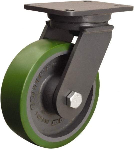 Hamilton - 8" Diam x 2-1/2" Wide x 10-1/2" OAH Top Plate Mount Swivel Caster - Polyurethane Mold onto Cast Iron Center, 2,000 Lb Capacity, Tapered Roller Bearing, 5-1/4 x 7-1/4" Plate - Apex Tool & Supply