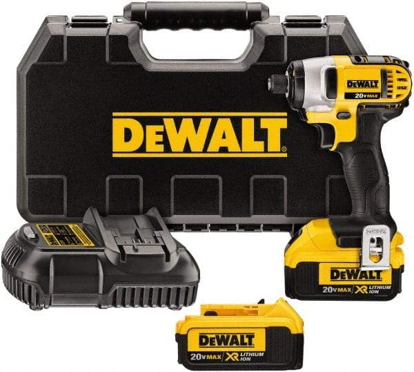 DeWALT - 20 Volt, 1/4" Drive, 117 Ft/Lb Torque, Cordless Impact Driver - Mid-Handle, 2800 RPM, 2 Lithium-Ion Batteries Included - Apex Tool & Supply
