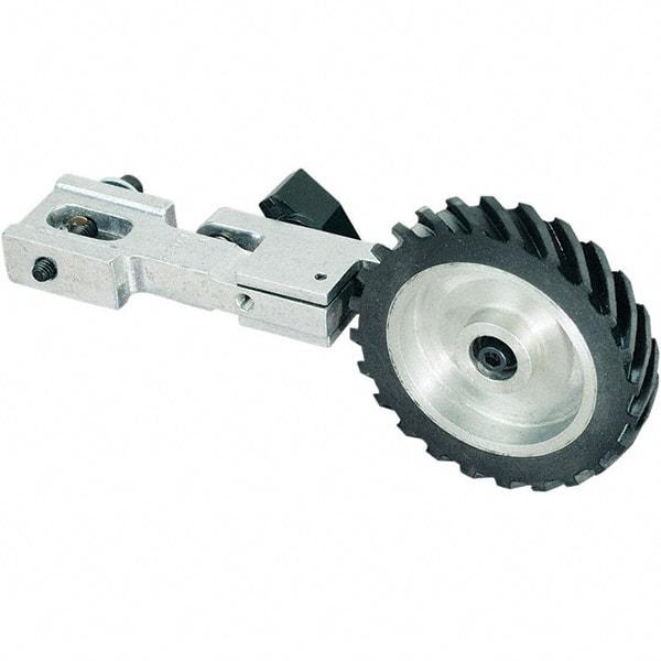 Dynabrade - 5/8" Wide Electric Versatility Belt Grinder Contact Arm - 72" Belt Length x 1" Belt Width, Serrated, Rubber, 40" Contact Wheel Diam - Apex Tool & Supply