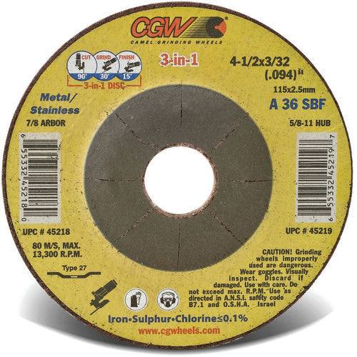 6″ × 3/32 (.094)" × 5/8″ 11 - A36S - Cut /Grind Combo Type 27 Depressed Center Wheel 3 in 1 Cut-Grind-Finish