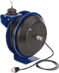 CoxReels - 12 AWG, 50' Cable Length, Cord & Cable Reel with Bare End - 0 Outlets, 20 Amps, 115 Volts, SJO Cable, Blue Reel, Spring Driven Reel - Apex Tool & Supply