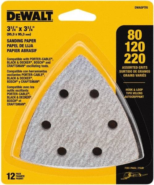 DeWALT - 80, 120 & 220 Grit, Aluminum Oxide TriangleSanding Sheet - 3-1/2" Long x 3-3/4" Wide, Assorted Grade, Weighted Cloth Backing - Apex Tool & Supply