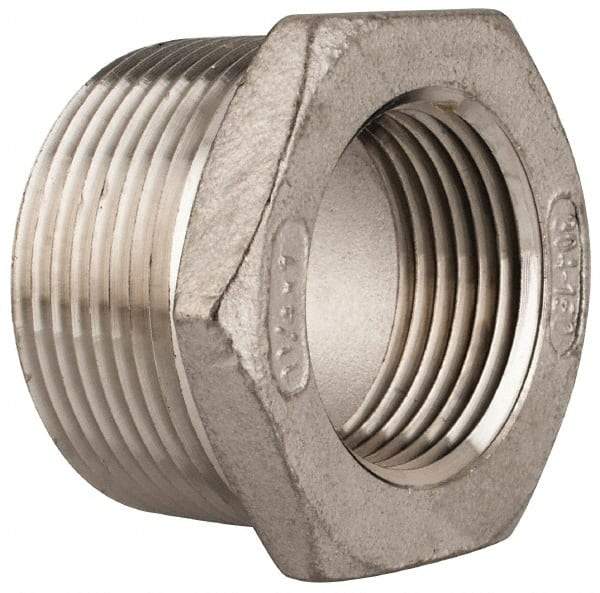Merit Brass - 1-1/4 x 1" Grade 304 Stainless Steel Pipe Hex Bushing - MNPT x FNPT End Connections, 150 psi - Apex Tool & Supply