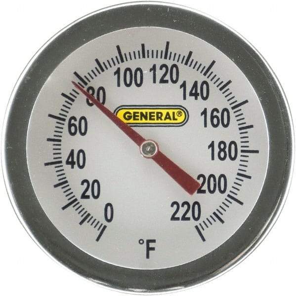 General - 20 Inch Long Stem, 2 Inch Dial Diameter, Back Connected Bi-Metal Thermometer - 220°Fahrenheit - Apex Tool & Supply