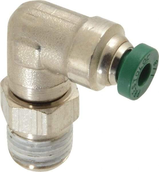 Parker - 1/8" Outside Diam, 1/8 NPTF, Nickel Plated Brass Push-to-Connect Tube Male Swivel Elbow - 300 Max psi, Tube to Male NPT Connection, Buna-N O-Ring - Apex Tool & Supply