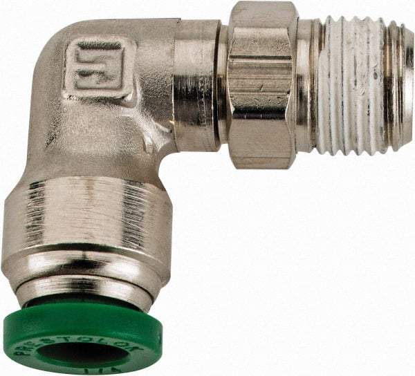Parker - 1/4" Outside Diam, 1/8 NPTF, Nickel Plated Brass Push-to-Connect Tube Male Swivel Elbow - 300 Max psi, Tube to Male NPT Connection, Buna-N O-Ring - Apex Tool & Supply