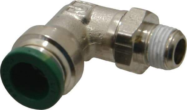 Parker - 3/8" Outside Diam, 1/8 NPTF, Nickel Plated Brass Push-to-Connect Tube Male Swivel Elbow - 300 Max psi, Tube to Male NPT Connection, Buna-N O-Ring - Apex Tool & Supply