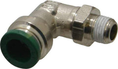 Parker - 3/8" Outside Diam, 1/8 NPTF, Nickel Plated Brass Push-to-Connect Tube Male Swivel Elbow - 300 Max psi, Tube to Male NPT Connection, Buna-N O-Ring - Apex Tool & Supply