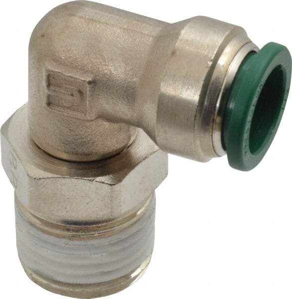 Parker - 1/2" Outside Diam, 1/2 NPTF, Nickel Plated Brass Push-to-Connect Tube Male Swivel Elbow - 300 Max psi, Tube to Male NPT Connection, Buna-N O-Ring - Apex Tool & Supply