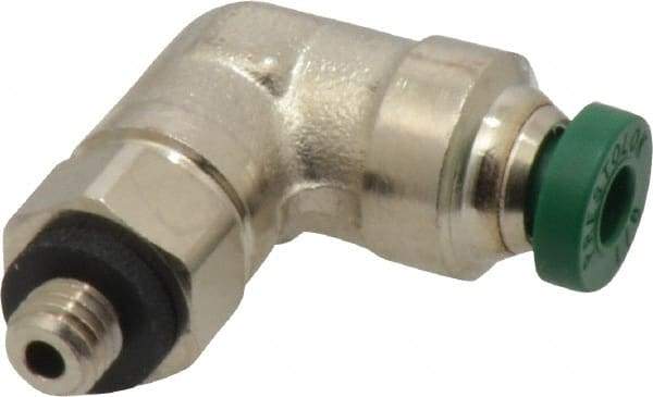 Parker - 1/8" Outside Diam, 10-32 UNF, Nickel Plated Brass Push-to-Connect Tube Male Swivel Elbow - 300 Max psi, Tube to Male UNF Connection, Buna-N O-Ring - Apex Tool & Supply