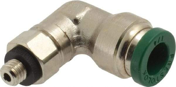 Parker - 1/4" Outside Diam, 10-32 UNF, Nickel Plated Brass Push-to-Connect Tube Male Swivel Elbow - 300 Max psi, Tube to Male UNF Connection, Buna-N O-Ring - Apex Tool & Supply