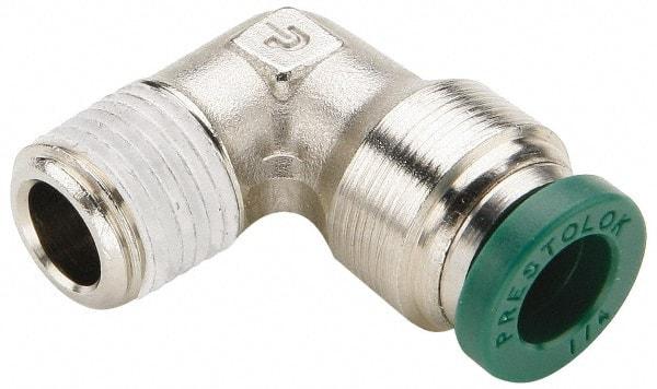 Parker - 5/16" Outside Diam, 1/4 NPTF, Nickel Plated Brass Push-to-Connect Tube Male Elbow - 300 Max psi, Tube to Male NPT Connection, Buna-N O-Ring - Apex Tool & Supply