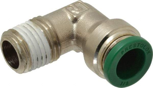 Parker - 3/8" Outside Diam, 1/4 NPTF, Nickel Plated Brass Push-to-Connect Tube Male Elbow - 300 Max psi, Tube to Male NPT Connection, Buna-N O-Ring - Apex Tool & Supply