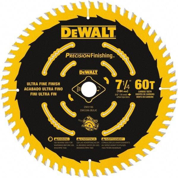 DeWALT - 7-1/4" Diam, 5/8" Arbor Hole Diam, 60 Tooth Wet & Dry Cut Saw Blade - Carbide-Tipped, Diamond Arbor - Apex Tool & Supply