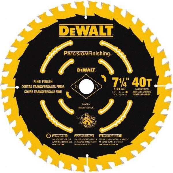 DeWALT - 7-1/4" Diam, 5/8" Arbor Hole Diam, 40 Tooth Wet & Dry Cut Saw Blade - Carbide-Tipped, Diamond Arbor - Apex Tool & Supply