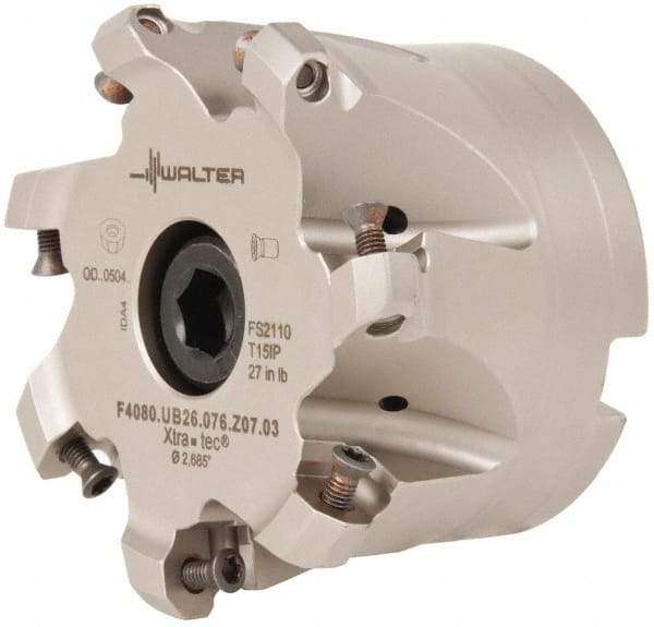 Walter - 3" Cut Diam, 1" Arbor Hole, 3mm Max Depth of Cut, 43° Indexable Chamfer & Angle Face Mill - 7 Inserts, ODM. 0504.., ODH. 0504.. Insert, Series F4080 - Apex Tool & Supply