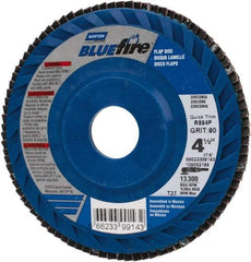Norton - 80 Grit, 4-1/2" Disc Diam, 7/8" Center Hole, Type 27 Zirconia Alumina Flap Disc - 13,300 Max RPM, Fiberglass Backing, Arbor Attaching System, Coated - Apex Tool & Supply