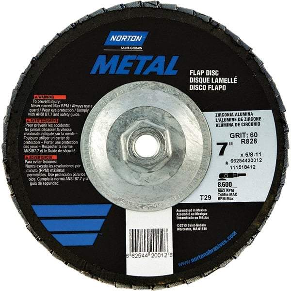 Norton - 40 Grit, 7" Disc Diam, 5/8-11 Center Hole, Type 29 Zirconia Alumina Flap Disc - 8,600 Max RPM, Fiberglass Backing, Arbor Attaching System, Coated - Apex Tool & Supply