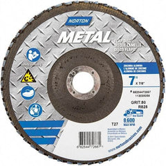 Norton - 80 Grit, 7" Disc Diam, 7/8" Center Hole, Type 27 Zirconia Alumina Flap Disc - 8,600 Max RPM, Fiberglass Backing, Arbor Attaching System, Coated - Apex Tool & Supply