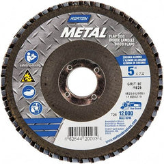 Norton - 80 Grit, 5" Disc Diam, 7/8" Center Hole, Type 29 Zirconia Alumina Flap Disc - 12,000 Max RPM, Fiberglass Backing, Arbor Attaching System, Coated - Apex Tool & Supply