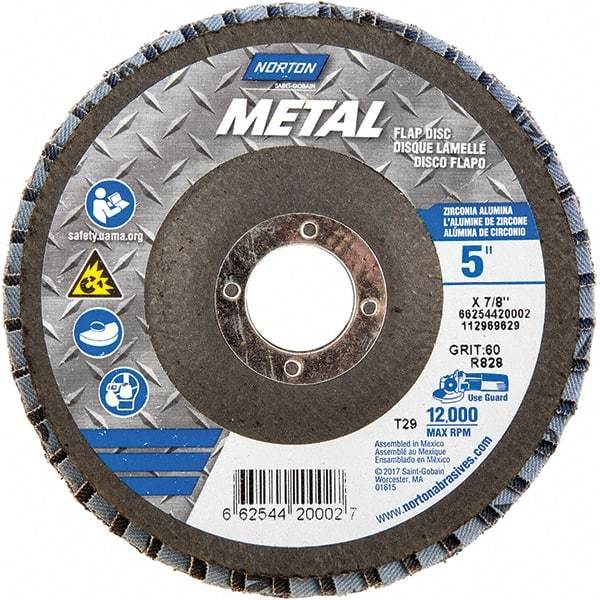 Norton - 60 Grit, 5" Disc Diam, 7/8" Center Hole, Type 29 Zirconia Alumina Flap Disc - 12,000 Max RPM, Fiberglass Backing, Arbor Attaching System, Coated - Apex Tool & Supply
