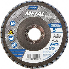 Norton - 60 Grit, 5" Disc Diam, 7/8" Center Hole, Type 29 Zirconia Alumina Flap Disc - 12,000 Max RPM, Fiberglass Backing, Arbor Attaching System, Coated - Apex Tool & Supply