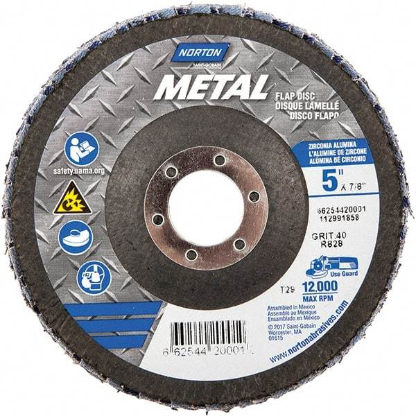 Norton - 40 Grit, 5" Disc Diam, 7/8" Center Hole, Type 29 Zirconia Alumina Flap Disc - 12,000 Max RPM, Fiberglass Backing, Arbor Attaching System, Coated - Apex Tool & Supply
