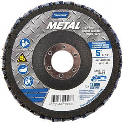 Norton - 36 Grit, 5" Disc Diam, 7/8" Center Hole, Type 29 Zirconia Alumina Flap Disc - 12,000 Max RPM, Fiberglass Backing, Arbor Attaching System, Coated - Apex Tool & Supply
