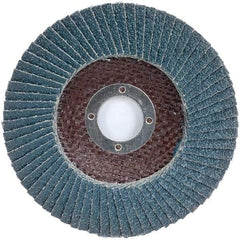 Merit Abrasives - 120 Grit, 5" Disc Diam, 7/8" Center Hole, Type 27 Zirconia Alumina Flap Disc - 12,000 Max RPM, Fiberglass Backing, Arbor Attaching System, Coated - Apex Tool & Supply