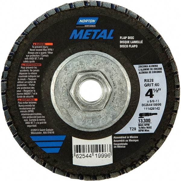 Norton - 80 Grit, 4-1/2" Disc Diam, 5/8-11 Center Hole, Type 29 Zirconia Alumina Flap Disc - 13,300 Max RPM, Fiberglass Backing, Arbor Attaching System, Coated - Apex Tool & Supply