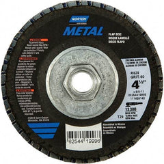 Norton - 80 Grit, 4-1/2" Disc Diam, 5/8-11 Center Hole, Type 29 Zirconia Alumina Flap Disc - 13,300 Max RPM, Fiberglass Backing, Arbor Attaching System, Coated - Apex Tool & Supply