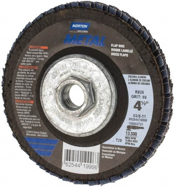 Norton - 60 Grit, 4-1/2" Disc Diam, 5/8-11 Center Hole, Type 29 Zirconia Alumina Flap Disc - 13,300 Max RPM, Fiberglass Backing, Arbor Attaching System, Coated - Apex Tool & Supply