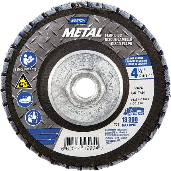 Norton - 40 Grit, 4-1/2" Disc Diam, 5/8-11 Center Hole, Type 29 Zirconia Alumina Flap Disc - 13,300 Max RPM, Fiberglass Backing, Arbor Attaching System, Coated - Apex Tool & Supply