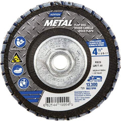 Norton - 40 Grit, 4-1/2" Disc Diam, 5/8-11 Center Hole, Type 29 Zirconia Alumina Flap Disc - 13,300 Max RPM, Fiberglass Backing, Arbor Attaching System, Coated - Apex Tool & Supply