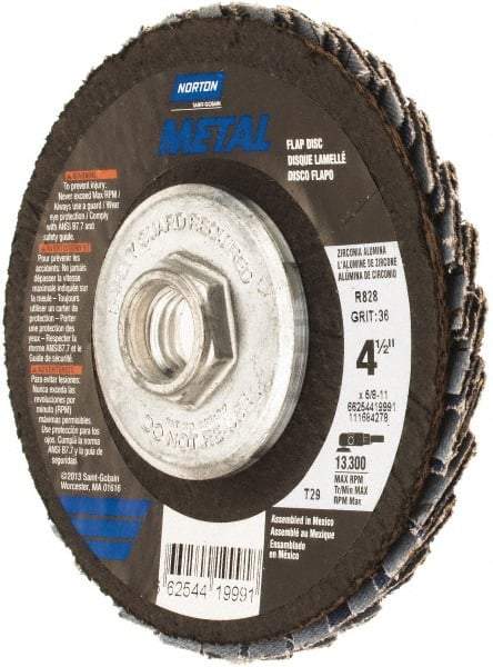 Norton - 36 Grit, 4-1/2" Disc Diam, 5/8-11 Center Hole, Type 29 Zirconia Alumina Flap Disc - 13,300 Max RPM, Fiberglass Backing, Arbor Attaching System, Coated - Apex Tool & Supply