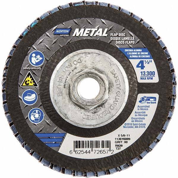 Norton - 80 Grit, 4-1/2" Disc Diam, 5/8-11 Center Hole, Type 27 Zirconia Alumina Flap Disc - 13,300 Max RPM, Fiberglass Backing, Arbor Attaching System, Coated - Apex Tool & Supply