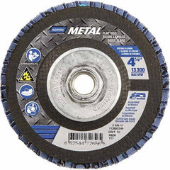 Norton - 60 Grit, 4-1/2" Disc Diam, 5/8-11 Center Hole, Type 27 Zirconia Alumina Flap Disc - 13,300 Max RPM, Fiberglass Backing, Arbor Attaching System, Coated - Apex Tool & Supply