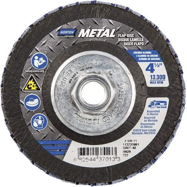 Norton - 40 Grit, 4-1/2" Disc Diam, 5/8-11 Center Hole, Type 27 Zirconia Alumina Flap Disc - 13,300 Max RPM, Fiberglass Backing, Arbor Attaching System, Coated - Apex Tool & Supply