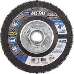Norton - 40 Grit, 4-1/2" Disc Diam, 5/8-11 Center Hole, Type 27 Zirconia Alumina Flap Disc - 13,300 Max RPM, Fiberglass Backing, Arbor Attaching System, Coated - Apex Tool & Supply