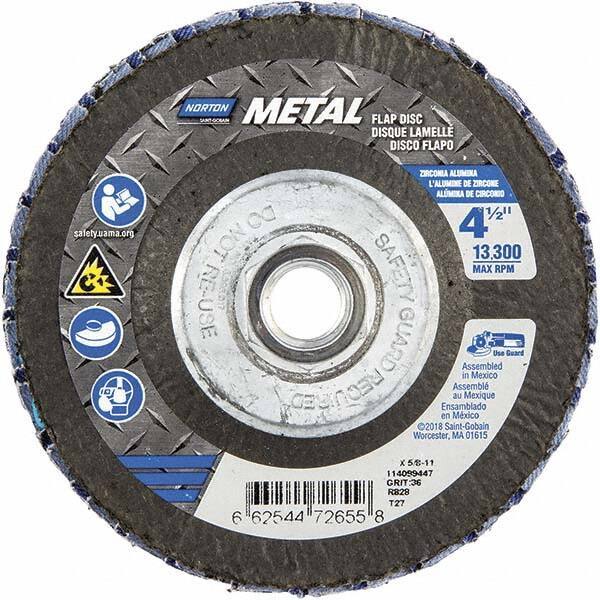 Norton - 36 Grit, 4-1/2" Disc Diam, 5/8-11 Center Hole, Type 27 Zirconia Alumina Flap Disc - 13,300 Max RPM, Fiberglass Backing, Arbor Attaching System, Coated - Apex Tool & Supply