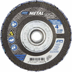 Norton - 36 Grit, 4-1/2" Disc Diam, 5/8-11 Center Hole, Type 27 Zirconia Alumina Flap Disc - 13,300 Max RPM, Fiberglass Backing, Arbor Attaching System, Coated - Apex Tool & Supply