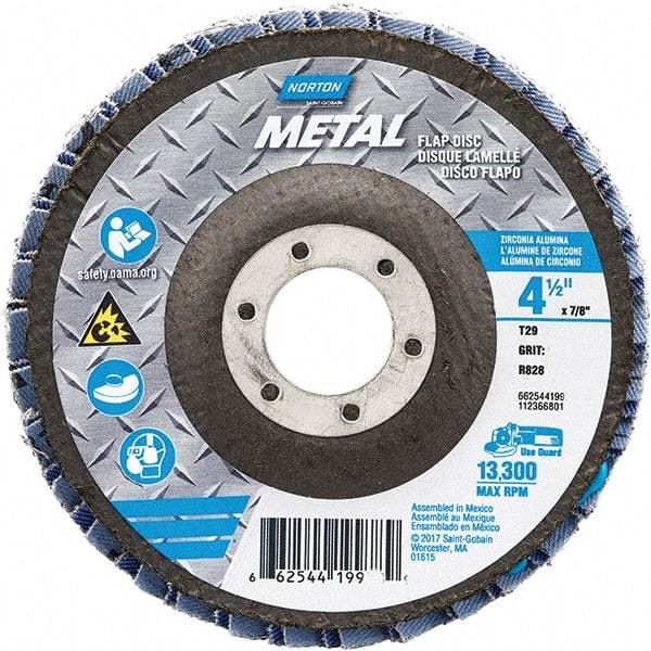 Norton - 80 Grit, 4-1/2" Disc Diam, 7/8" Center Hole, Type 29 Zirconia Alumina Flap Disc - 13,300 Max RPM, Fiberglass Backing, Arbor Attaching System, Coated - Apex Tool & Supply