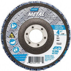 Norton - 80 Grit, 4-1/2" Disc Diam, 7/8" Center Hole, Type 29 Zirconia Alumina Flap Disc - 13,300 Max RPM, Fiberglass Backing, Arbor Attaching System, Coated - Apex Tool & Supply