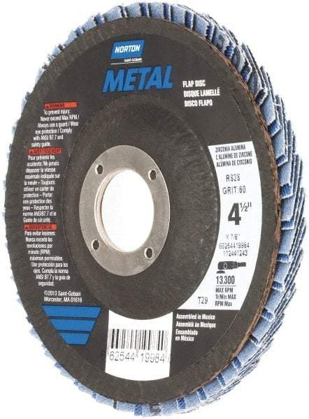 Norton - 60 Grit, 4-1/2" Disc Diam, 7/8" Center Hole, Type 29 Zirconia Alumina Flap Disc - 13,300 Max RPM, Fiberglass Backing, Arbor Attaching System, Coated - Apex Tool & Supply