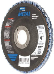 Norton - 60 Grit, 4-1/2" Disc Diam, 7/8" Center Hole, Type 29 Zirconia Alumina Flap Disc - 13,300 Max RPM, Fiberglass Backing, Arbor Attaching System, Coated - Apex Tool & Supply